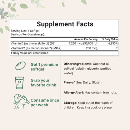Vitamina D3 y K2 con Aceite de Coco